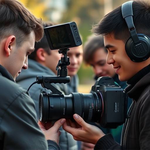 Gros plan d'étudiants en réalisation utilisant une caméra professionnelle lors d'un exercice de tournage.