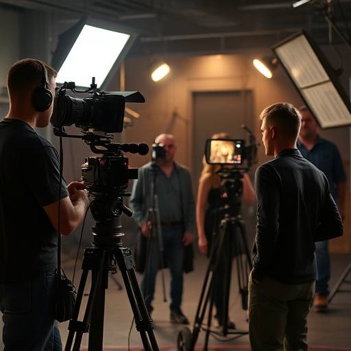 Une équipe de tournage travaillant sur un plateau avec des éclairages et du matériel de caméra professionnel.